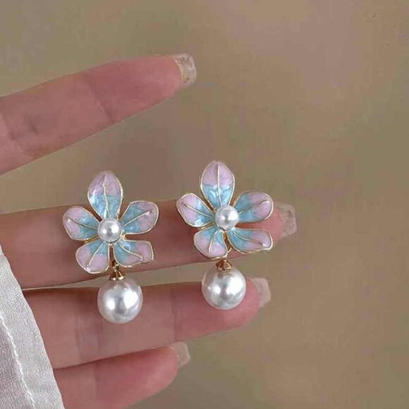 Cute Oil Dripping Colorful Enamel Flower & Faux Pearl Floral Fashion Earrings - Picture 3 of 3